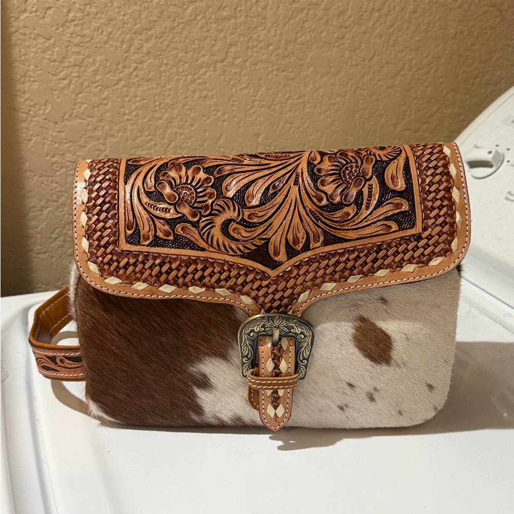 New Tooled Leather & Cowhide Crossbody Bag - Brown & White